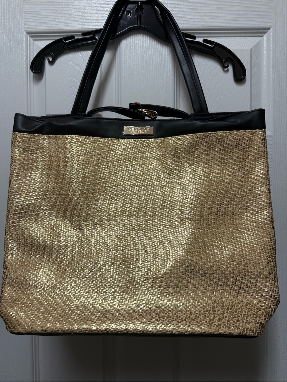 Versace Collection Metallic Gold Woven Tote with Black Trim